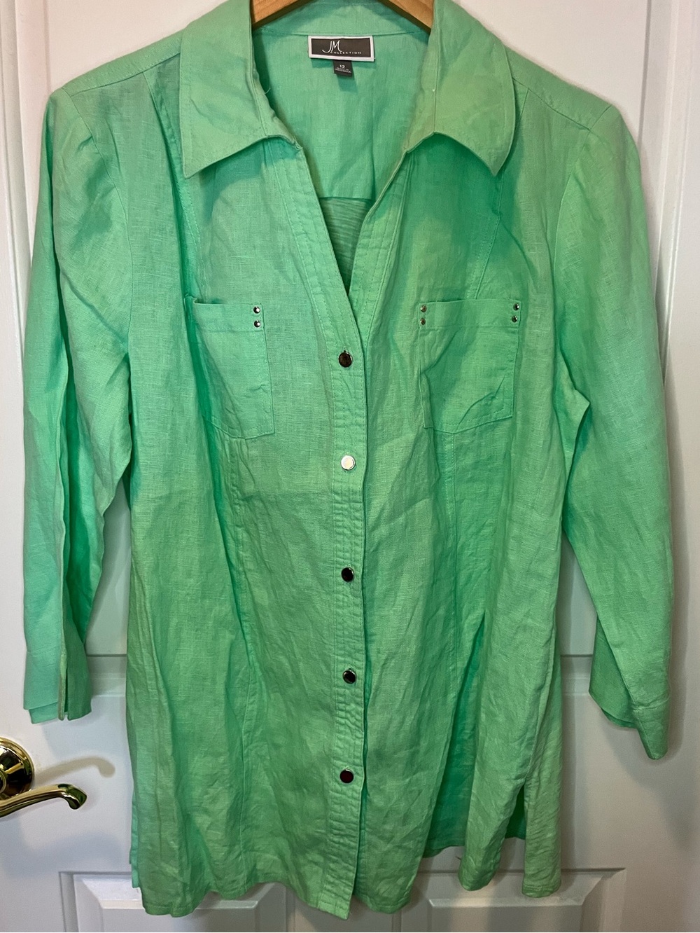 JM Collection Minty Green Linen & Cotton Top with Pocket Detail Sz 12